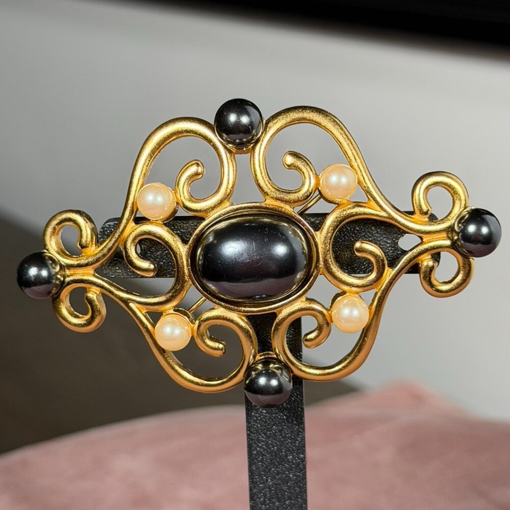 Monet Vintage Gold-Tone Faux Pearl Brooch — Elegant Statement Pin